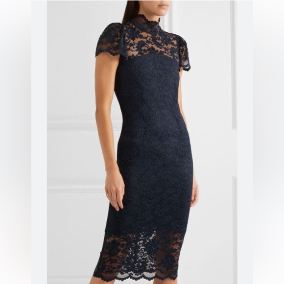 Ganni Dresses & Skirts - GANNI Size 10 EU 42 Flynn Stretch Lace Short Sleeve Navy Midi Dress Holidays